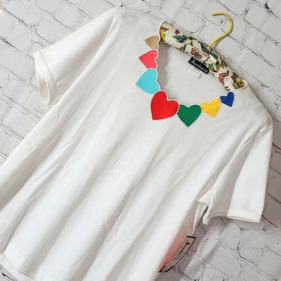Vintage Tops - 🆕️NWT 90s Vintage Jordana Rainbow Heart Neck Single Stitch Pride Tee USA Made